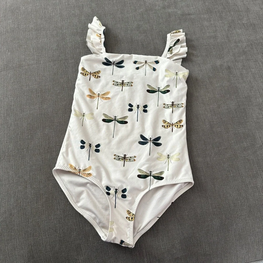 Agua Bendita Dragonfly One‎ Piece Swimsuit Kids Size 8 Cream Excellent Ruffle